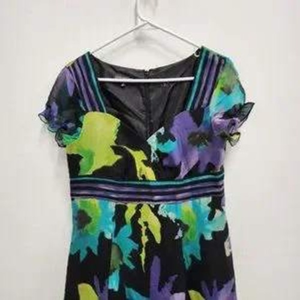 VTG Y2K Jones New York Dress Womens 12 Black Floral Silk Empire Waist Midi - Picture 4 of 11